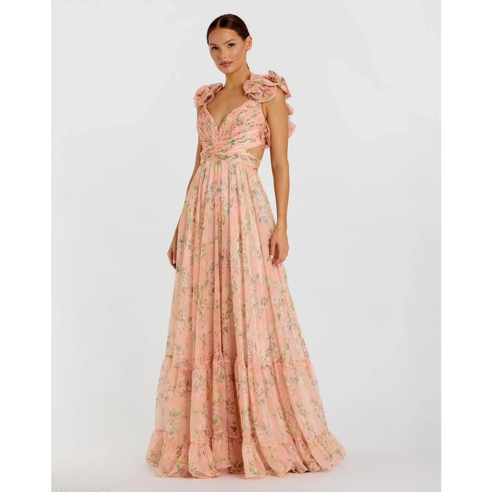 Mac Duggal Pink Floral Maxi Dress with Ruffle Shoulders